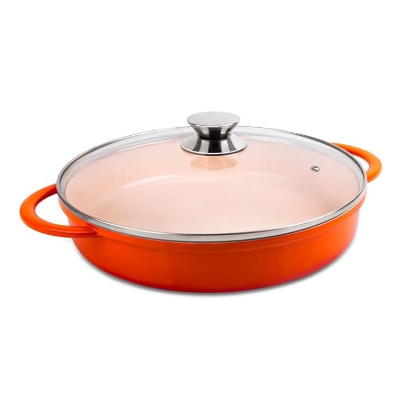 Caçarola baixa redonda laranja 30cm com tampa de vidro Hercules